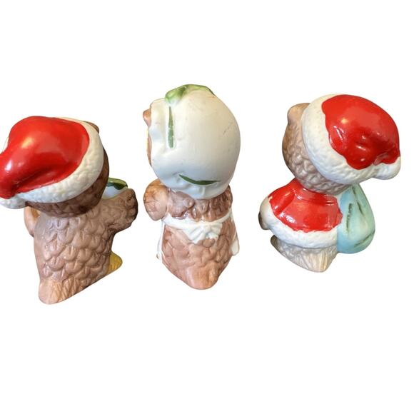 Vintage Owls Set Of 3 Christmas Porcelain Figurines Baking Santa Singing Retro - Picture 2 of 9